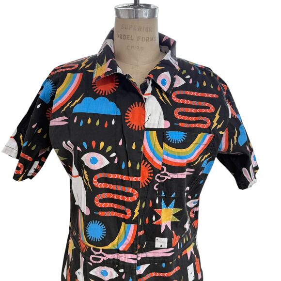 Nooworks Magic Print Jumpsuit Size Large Black Short Sleeves - Picture 2 of 9